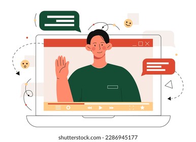 Concepto de videochat. Hombre en la pantalla, ondas de la ventana del reproductor y saludos. Comunicación en medios sociales, videollamada y conferencia. Empleado o estudiante remoto, amigo. Dibujo vectorial plano de dibujos animados