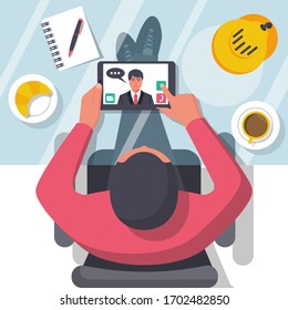 Video chat concept. Man sitting at glass table, communicates using video chat on tablet computer. Online chat. Vector illustration flat design. Video conference, meeting. Web chat.