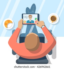 Video Chat Concept. Man Sitting At Glass Table, Communicates Using Video Chat On Tablet Computer. Online Web Chat. Vector Illustration Flat Design. Video Conference, Meeting.