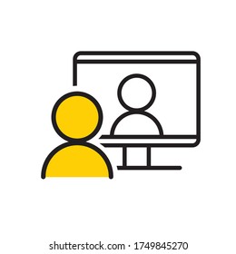 Video chat conference icon. People on computer screen. Home office. Digital communication. Internet teaching media.