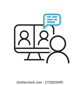 Video chat conference icon. People on computer screen. Home office. Digital communication. Internet teaching media.