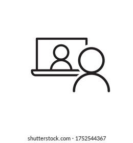 Video chat conference icon. People on computer screen. Home office. Digital communication. Internet teaching media.