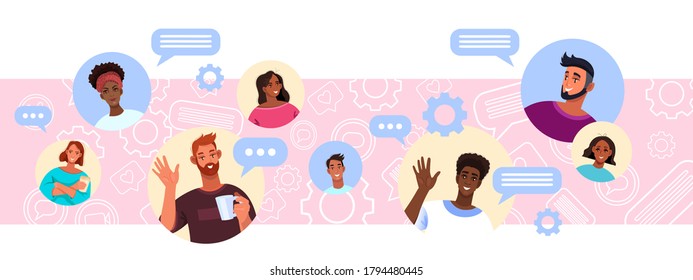 Video Chat Or Conference Vector Illustration With Multi-national Peoples’ Avatars On Abstract Background. Virtual Online Meeting Concept With Cheerful Young Men And Women. Video Chat Horizontal Banner