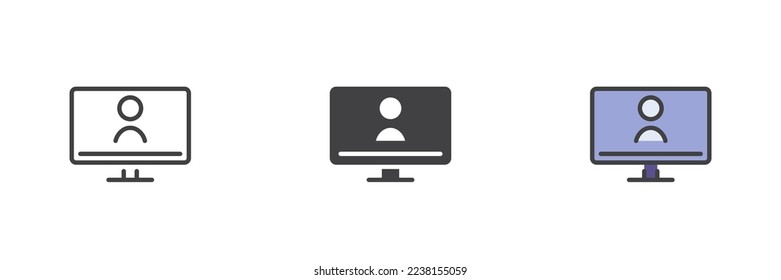 Video chat different style icon set. Line, glyph and filled outline colorful version, computer monitor user outline and filled vector sign. Symbol, logo illustration. Vector graphics