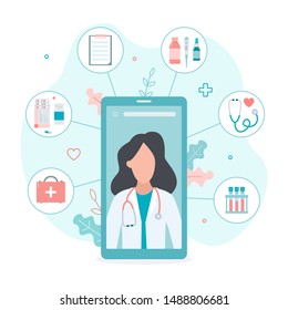 Video Chat With A Doctor For Any Medical Problems. Online Doctor Concept. Flat Vector Illustration.