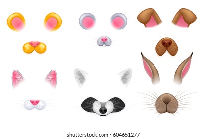 Video chat effects animal faces set. Selfie filters. Cat, dog, raccoon, rabbit, mouse and teddy bear ears and noses.