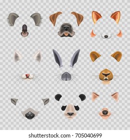 Video chat effects animal faces flat icons templates of dog, rabbit, cat