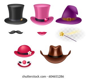 Video chat effects assorted hats set. Selfe  filters. Silk, magic, clown and cowboy's hats.