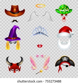 Video chat faces funny mask effect template icons for selfie filters. Vector flat isolated set of cowboy mustaches, angel wings and clown hat, pirate or witch lips and princess crown and Santa Claus