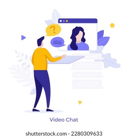 Video Chat flat concept vector illustration. Communication with friend via online call. Talking on internet characters on white for web design. Creative idea for website, mobile, presentation