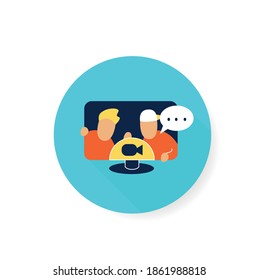 Video chat flat icon. Video call and digital communication with friends concept. Web meeting connection. Remote call sign. Video conference window. Color vector illustration with shadow 