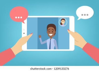 Video chat with friend on tablet computer. Business conference and remote communication. Digital technology concept. Talking to person online. Isolated flat vector illustration