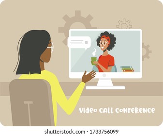 Video chat. Girl using a computer for a virtual meeting, video conferencing with her friend. The woman on the desktop chatting with a friend, a sister on the Internet. Vector for video conferencion
