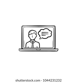 Video chat hand drawn outline doodle icon. Computer laptop with video chat on the screen vector sketch illustration for print, web, mobile and infographics isolated on white background.