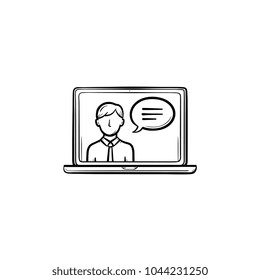 Video chat hand drawn outline doodle icon. Computer laptop with video chat on the screen vector sketch illustration for print, web, mobile and infographics isolated on white background.