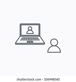 Video chat icon. Webcam chatting sign. Web conference symbol. Linear outline icon on white background.