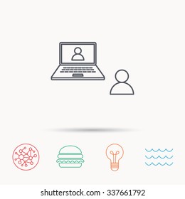 Video chat icon. Webcam chatting sign. Web conference symbol. Global connect network, ocean wave and burger icons. Lightbulb lamp symbol.