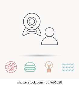 Video chat icon. Webcam chatting sign. Web conference symbol. Global connect network, ocean wave and burger icons. Lightbulb lamp symbol.
