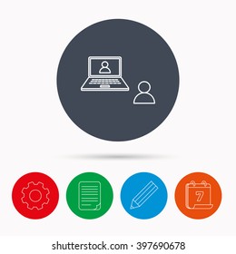 Video chat icon. Webcam chatting sign. Web conference symbol. Calendar, cogwheel, document file and pencil icons.