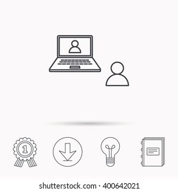 Video chat icon. Webcam chatting sign. Web conference symbol. Download arrow, lamp, learn book and award medal icons.