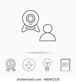 Video chat icon. Webcam chatting sign. Web conference symbol. Download arrow, lamp, learn book and award medal icons.