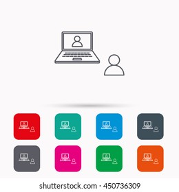 Video chat icon. Webcam chatting sign. Web conference symbol. Linear icons in squares on white background. Flat web symbols. Vector