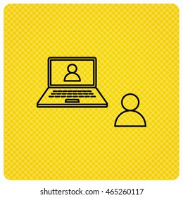 Video chat icon. Webcam chatting sign. Web conference symbol. Linear icon on orange background. Vector