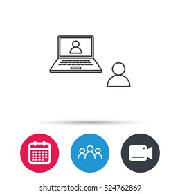 Video chat icon. Webcam chatting sign. Web conference symbol. Group of people, video cam and calendar icons. Vector