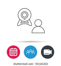 Video chat icon. Webcam chatting sign. Web conference symbol. Group of people, video cam and calendar icons. Vector