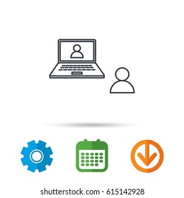 Video chat icon. Webcam chatting sign. Web conference symbol. Calendar, cogwheel and download arrow signs. Colored flat web icons. Vector