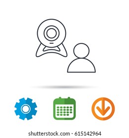 Video chat icon. Webcam chatting sign. Web conference symbol. Calendar, cogwheel and download arrow signs. Colored flat web icons. Vector