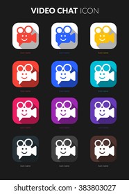 Video Chat icons set for icon application mobile or button main screen phone. Colorful vector flat style design template with drop shadow on dark grey background.