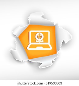 Video chat laptop sign and breakthrough paper hole with ragged edges