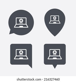 Video chat laptop sign icon. Web communication symbol. Website webcam talk. Map pointers information buttons. Speech bubbles with icons. Vector