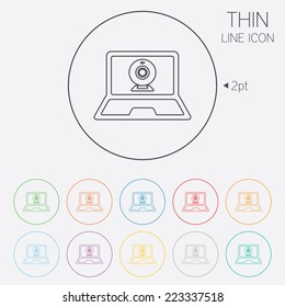 Video chat laptop sign icon. Web communication symbol. Website webcam talk. Thin line circle web icons with outline. Vector