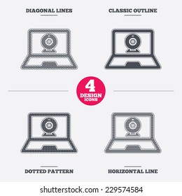 Video chat laptop sign icon. Web communication symbol. Website webcam talk. Diagonal and horizontal lines, classic outline, dotted texture. Pattern design icons.  Vector