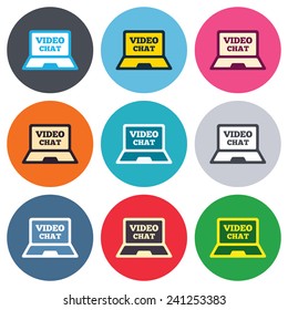 Video chat laptop sign icon. Web communication symbol. Website video talk. Colored round buttons. Flat design circle icons set. Vector