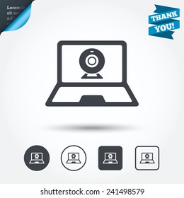 Video chat laptop sign icon. Web communication symbol. Website webcam talk. Circle and square buttons. Flat design set. Thank you ribbon. Vector