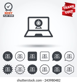 Video chat laptop sign icon. Web communication symbol. Website webcam talk. Circle, star, speech bubble and square buttons. Award medal with check mark. Thank you. Vector
