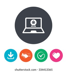 Video chat laptop sign icon. Web communication symbol. Website webcam talk. Download arrow, handshake, tick and heart. Flat circle buttons.