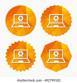 Video chat laptop sign icon. Web communication symbol. Website webcam talk. Triangular low poly buttons with flat icon. Vector