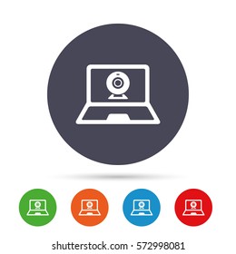 Video chat laptop sign icon. Web communication symbol. Website webcam talk. Round colourful buttons with flat icons. Vector