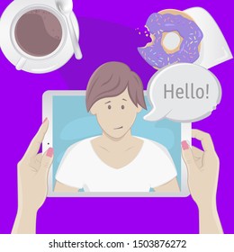 Video chat with a man. Breakfast top view concept