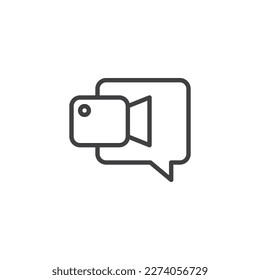 Icono de línea de mensaje de chat de vídeo. Señal de estilo lineal de burbuja de cámara y chat para concepto móvil y diseño web. Icono vectorial de contorno de videollamadas. Símbolo, ilustración del logotipo. Gráficos vectoriales