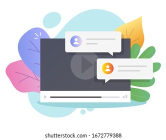Video-Chat-Nachrichten Online-Vektorillustration oder Internet-Anruf mit Kommentaren flacher Cartoon, Illustration des digitalen Spielerfensters und Chatting-Blase-Reden Benachrichtigungen über modernes bunter Design