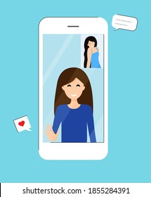 Video chat on smartphone, two girlfriends speaking with each other online. Vector illustration.