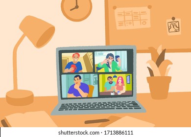 Video chat online. Internet communication during quarantine. Laptop and home workspace. Hand drawn vector illustration in flat style. Social-distance during coronavirus COVID-19.