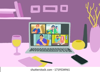 Video chat online. Internet communication during quarantine. Laptop and home workspace. Hand drawn vector illustration in flat style. Social-distance during coronavirus COVID-19.