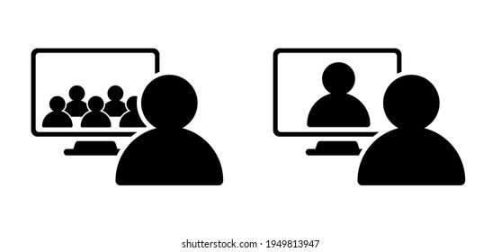 Video Chat. Online Webinar, Speaker Talk To Meeting On Videoconferencing Event. Video Conference Pictogram.  Digital Communication  On Laptop Screen, Phone, Computer, Internet Learning Media Business.