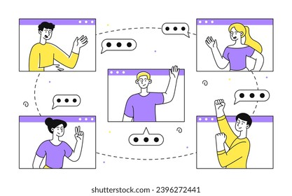 Video chat outline concept. Men and women at video conference. Distance communication and interaction. Remote workers and freelancers. Linear flat vector illustration isolated on white background
